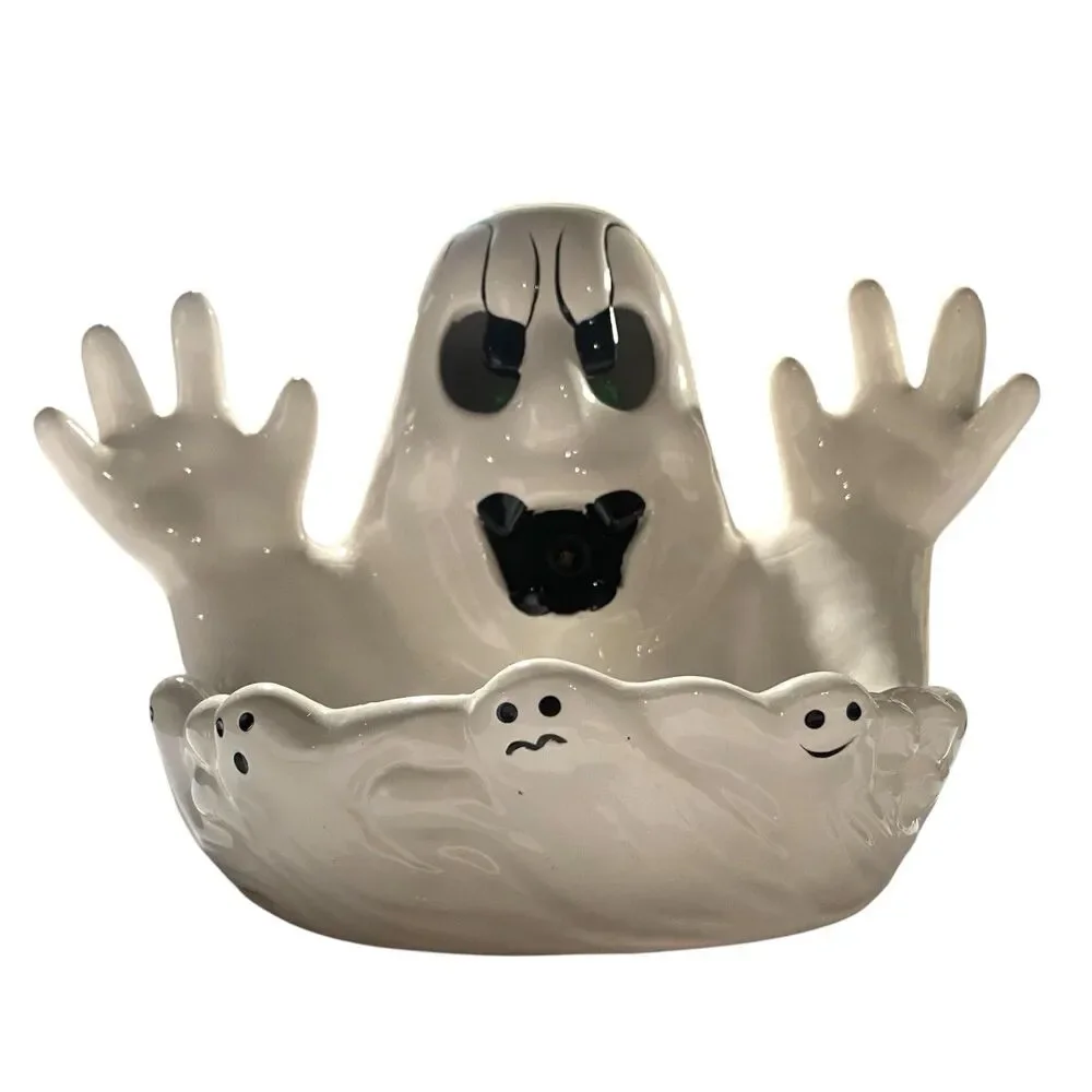 Vintage 1992 New Creative Enterprises Ceramic Ghost Halloween Candy Dish WORKS!